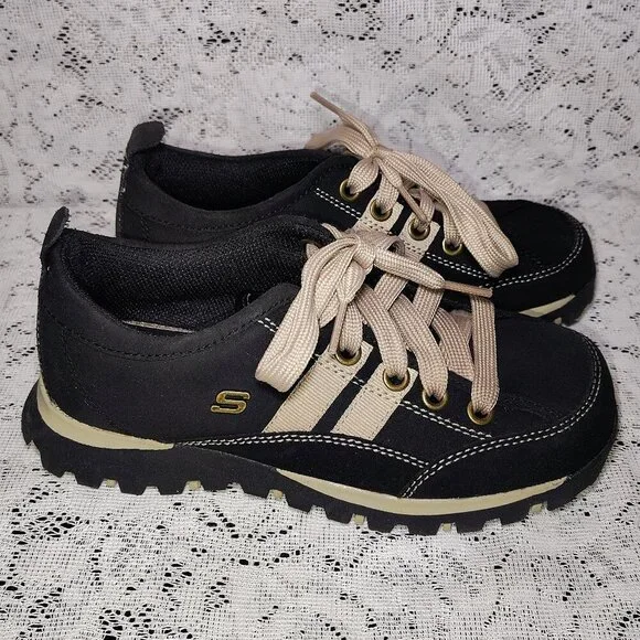 Skechers Women's 5.5 Casual Lace Up Sneakers Black Leather Beige - Picture 3 of 8